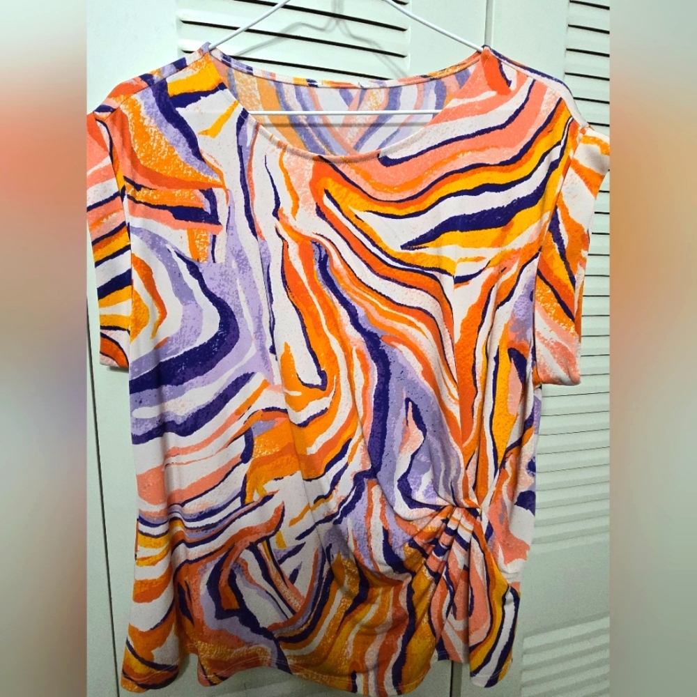 Jaclyn Smith Orange and Blue Graphic Tie Front Blouse